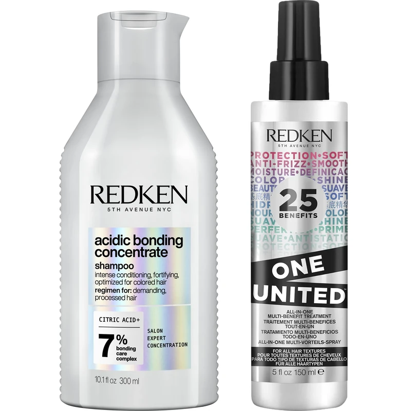 REDKEN Acidic Bonding Concentrate, Shampoo 300 ml & One United 25 Multi-Benefits Leave In Conditioner and Treatment Spray 150 ml Duo Set, For Dry, Damaged & Colour-Treated Hair