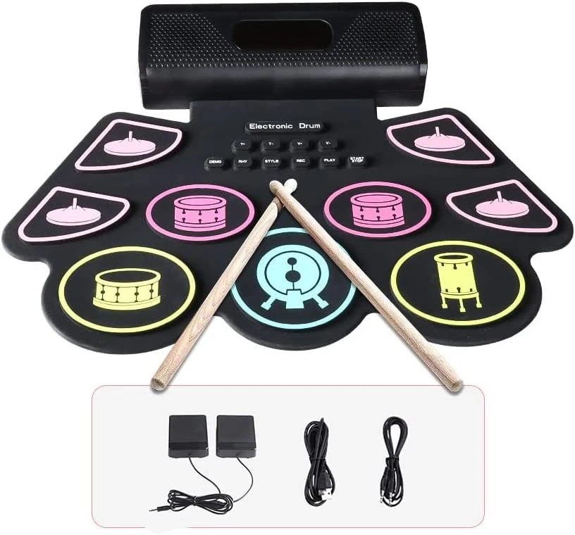 Portable Electric Drum Kit, Coolmusic Foldable Drum Pad Electronic Drum Kit 9 Pads Silicon Built-in Dual Stereo Speakers, Great Chioce for begainnier