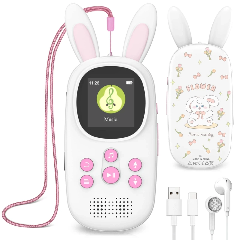 Kids MP3 Player, Cute Bunny Kids MP3 Player with Bluetooth, 32GB kids music player, FM Radio Supported, Calendar, Alarm Clock, Pedometer, Stopwatch, Up to 128GB