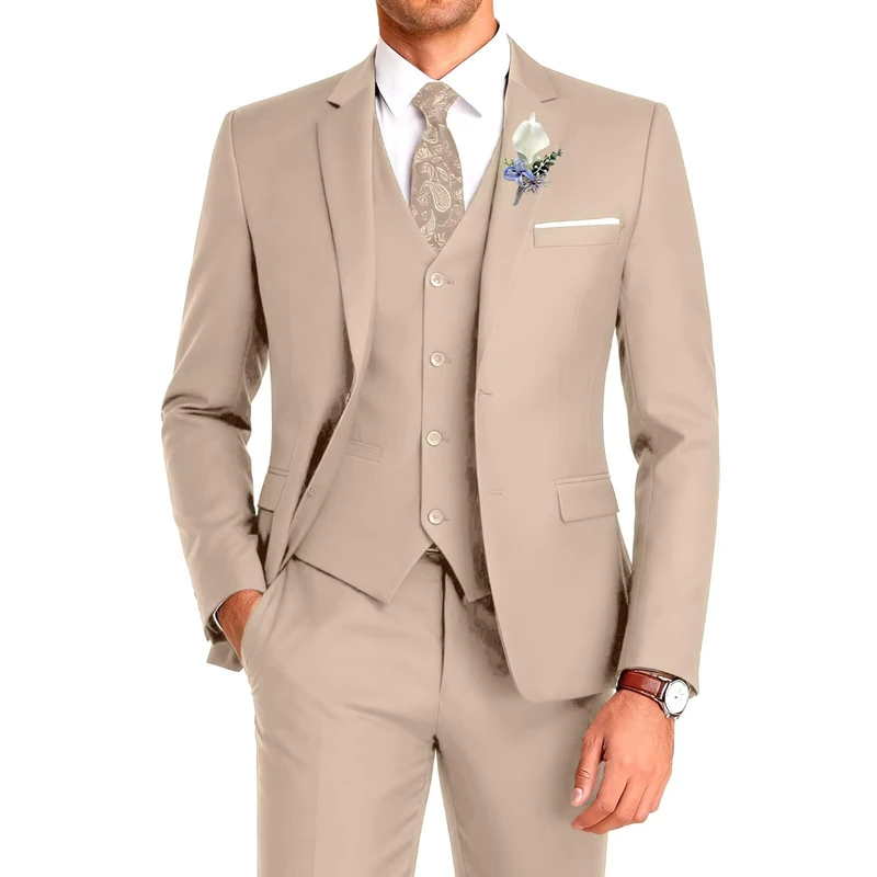 Men's Suit 3 Pieces Slim Fit Wedding Suit for Men Formal Prom Tuxedo Bussiness Suit Jacket Vest Pants with Tie, Champagne, M