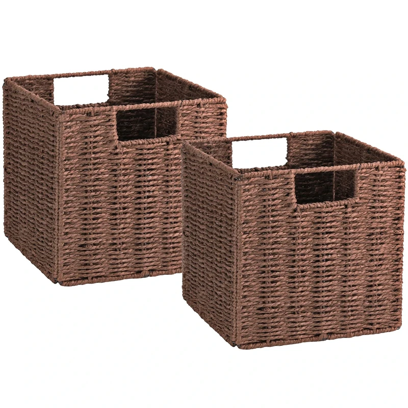 Vagusicc Hand-Woven Wicker Storage Baskets, Set of 2 With Handles - Foldable Cube Organizer Bins for Shelves, Pantry, Bedroom Decor - 13 Inch Large, Brown
