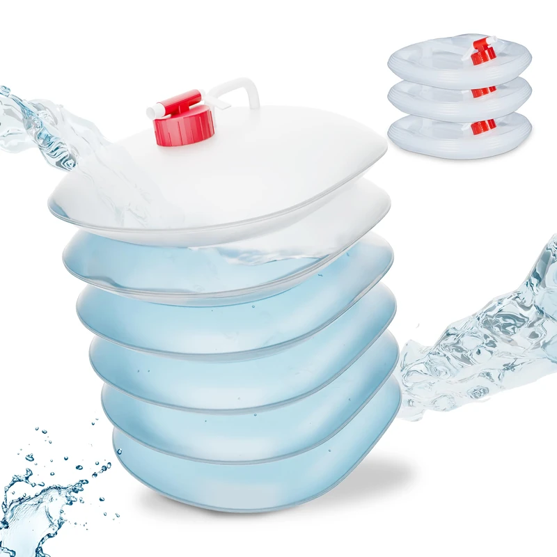 Relaxdays Folding Water Canisters, Set of 4, 10 litres, with Tap, Camping Container, BPA-Free Plastic, Transparent/Red