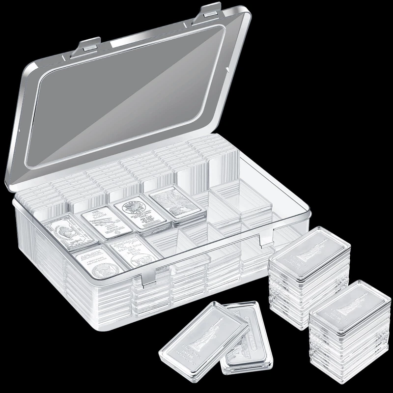Batiyeer 100 Pcs Clear Acrylic Bullion Holder and Plastic Storage Box for 1 oz Silver Bar