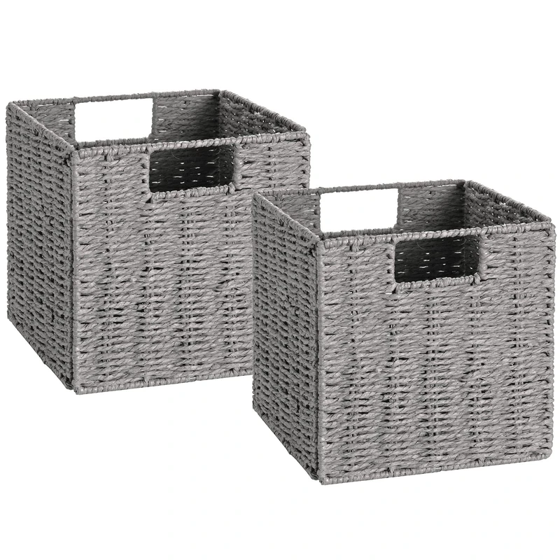 Vagusicc Set of 2 Wicker Storage Baskets - Hand Woven With Handles, Foldable Cubes Organizer, Large 33cm for Shelves, Pantry, Bedroom Decor - Grey (13"×13"×13") - Image 1