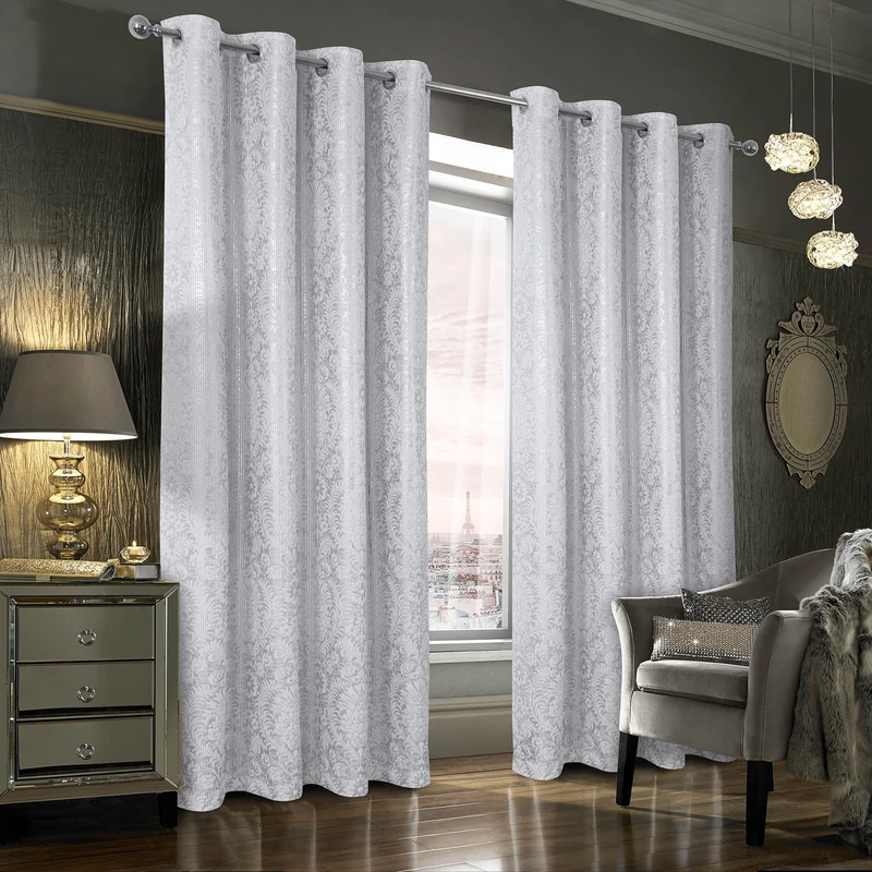 always4u 100% Blackout Foil Print Ridged Velvet Curtains Damask 108 Inches Long Drapes 2 Panels Shiny Metallic Window Treatment White 54 * 108 Inches