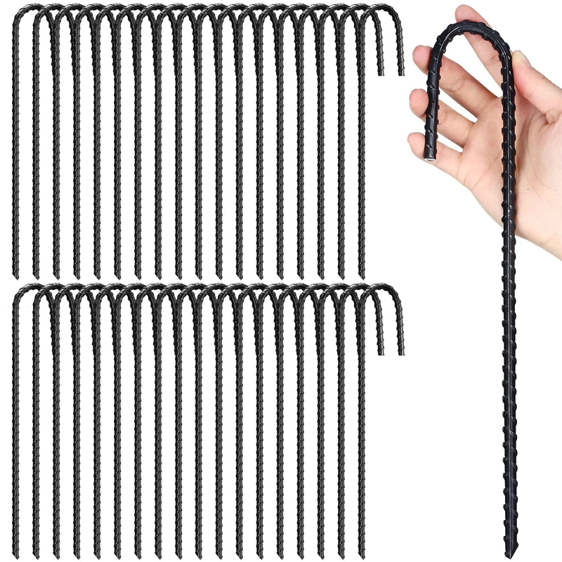 36 Pieces 12 Inch Rebar Stakes Heavy Duty J Hook Metal Steel Tent Stakes Garden Stakes with Chisel Point End Ground Stakes Ground Anchors Curved Steel Plant Support for Trampoline, Fence, Tent, Black