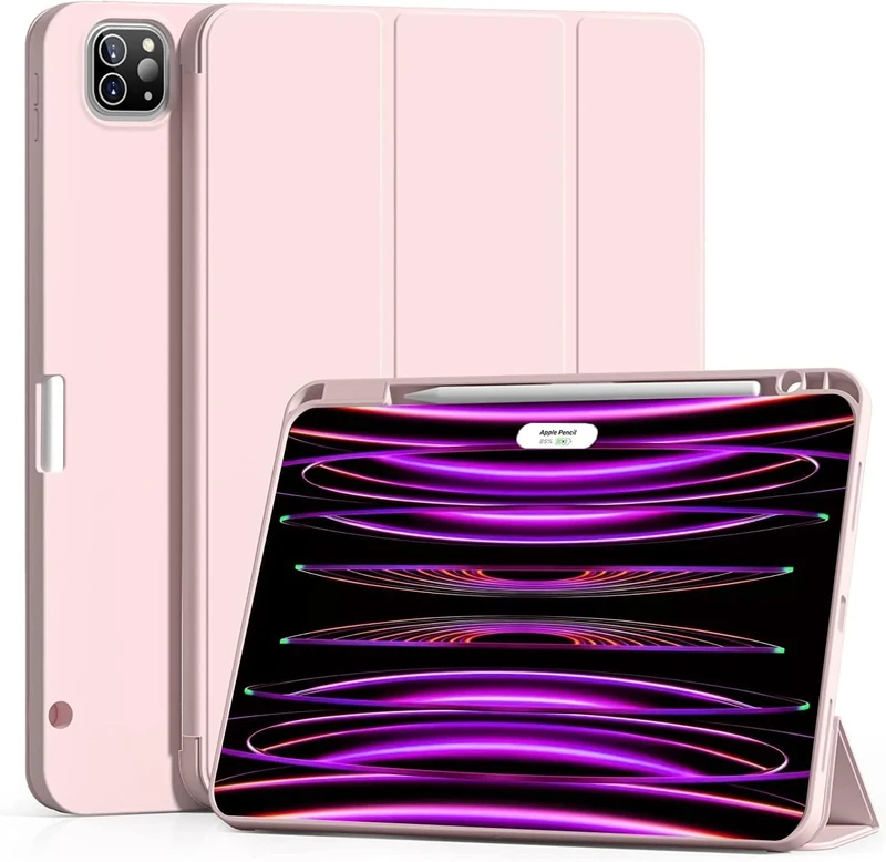 JKSML Case for iPad Pro 12.9 inch 2022/2021/2020 (6th/5th/4th Gen) with Pencil Holder | 2nd Gen Pencil Charging | Auto Sleep/Wake | Flexible TPU Protective Cover (Pink)