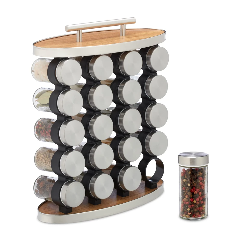 Relaxdays Spice Rack, 20 Glass Jars, Stainless Steel, H x W x D: 35 x 28 x 12 cm, Silver/Natural