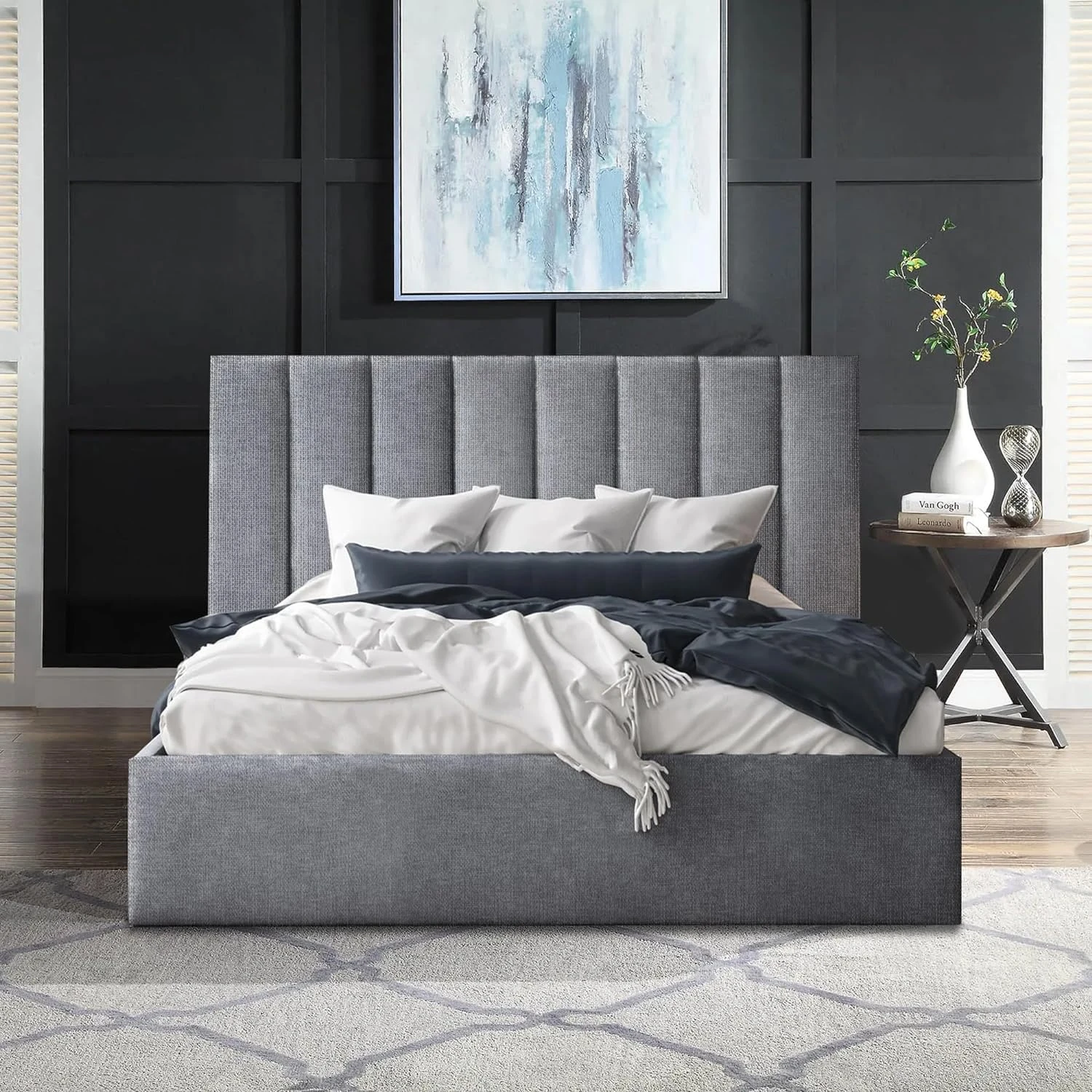 SANA SLEEP 4FT6 Double Size Cotton Ottoman Gas Lift Fabric Storage Bed - Upholstered Double Bed Frame - Foot Lift Up Ottoman Bed - Grey Linen