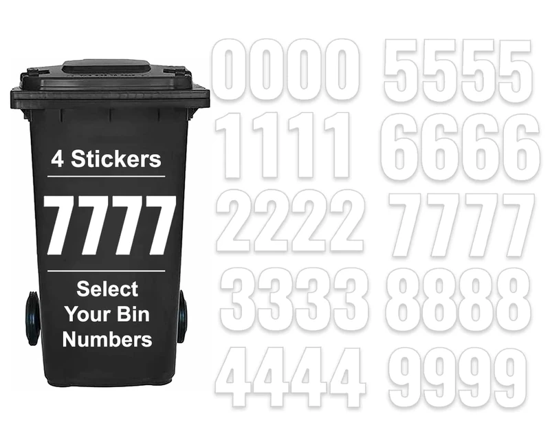 Pack of 4 White Sticky Numbers for Wheelie Bins Number - 7 Waterproof (17 cm) Labels for Wheelie Bins & Garbage Bins Packwith®