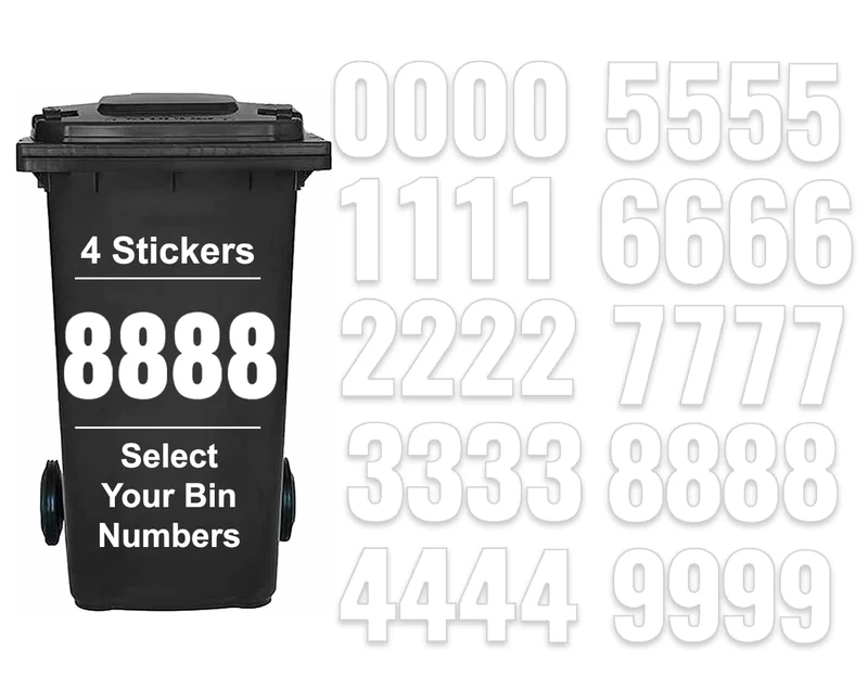 Pack of 4 Plain White Wheelie Bin Numbers Stickers - 8 Waterproof (17 cm) Labels for Wheelie & Garbage Bins Packwith®