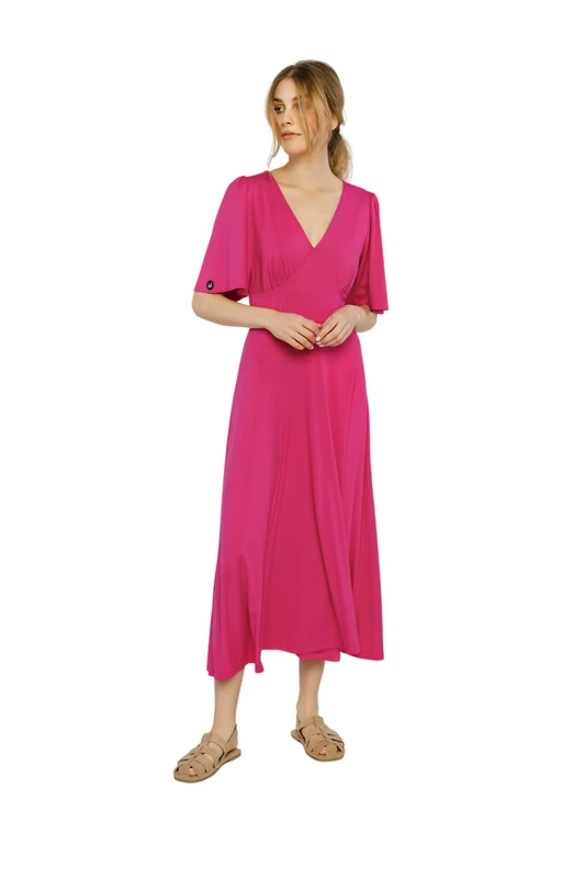 Madnezz House Women's Libra V-Neck Elastic Waist Midi Length Dress, Pink, S