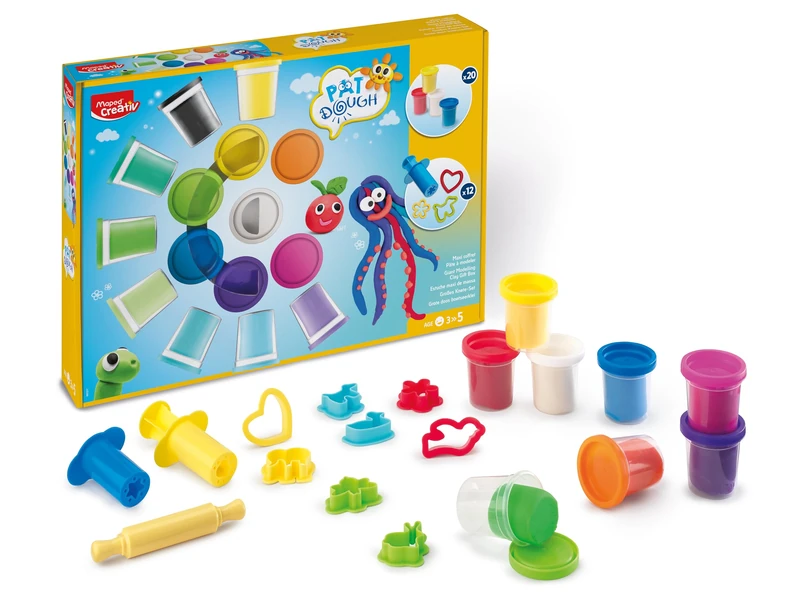 Maped Creativ - Paw Dough Modelling Clay for Children - 20 Pots of Modelling Clay and 12 Accessories - 20 Pots of 56 g - Rainbow Colours