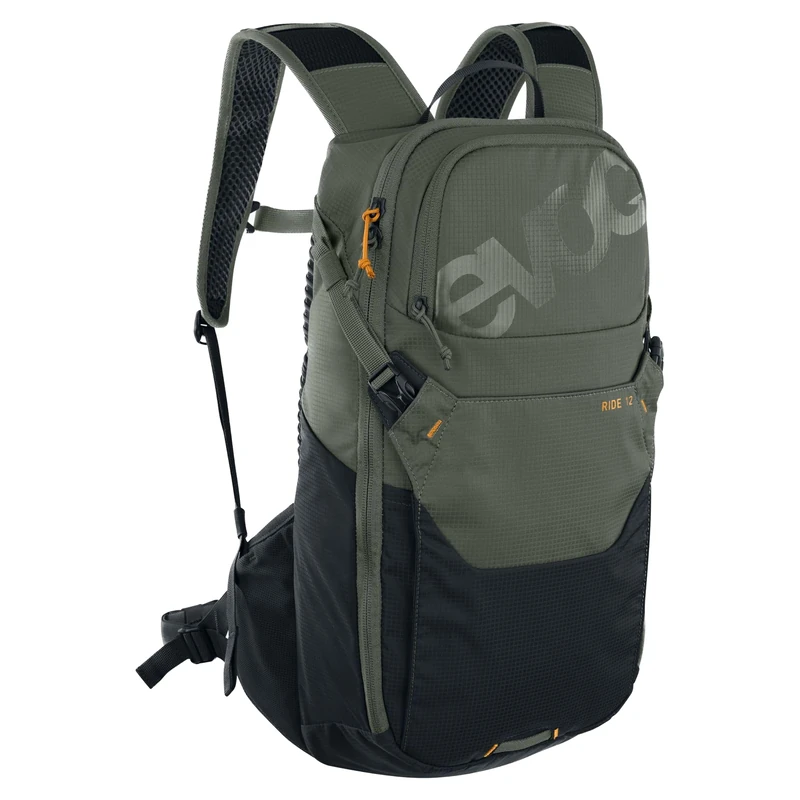 EVOC RIDE 12 protector bike backpack, trekking backpack for trails & everyday use (clever pocket management, AIR-PAD back padding, helmet holder, backpack incl. 2l hydration bladder), dark olive/black