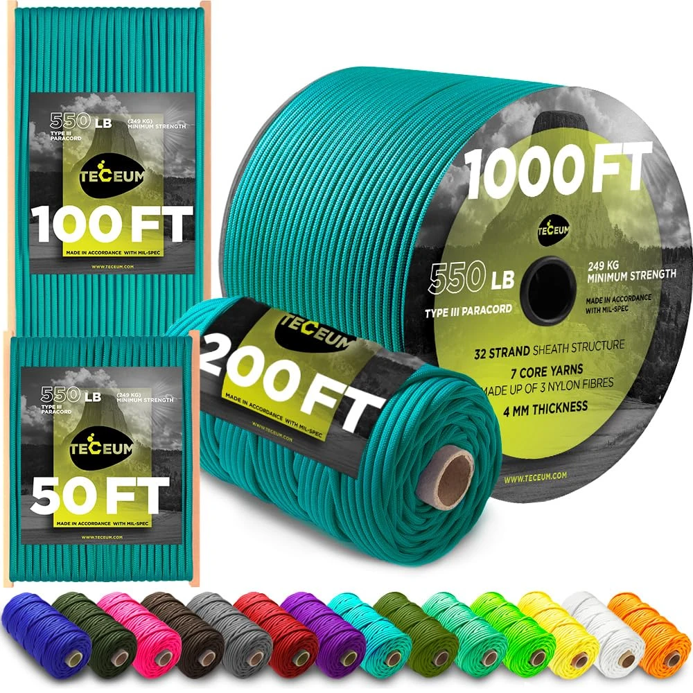 TECEUM Paracord Type III 550 Green Wave – 15 m – 4mm – Tactical Rope MIL-SPEC – Outdoor Para Cord – Camping Hiking Fishing Gear and Equipment – EDC Parachute Cord – Strong Survival Rope (50ft) 460