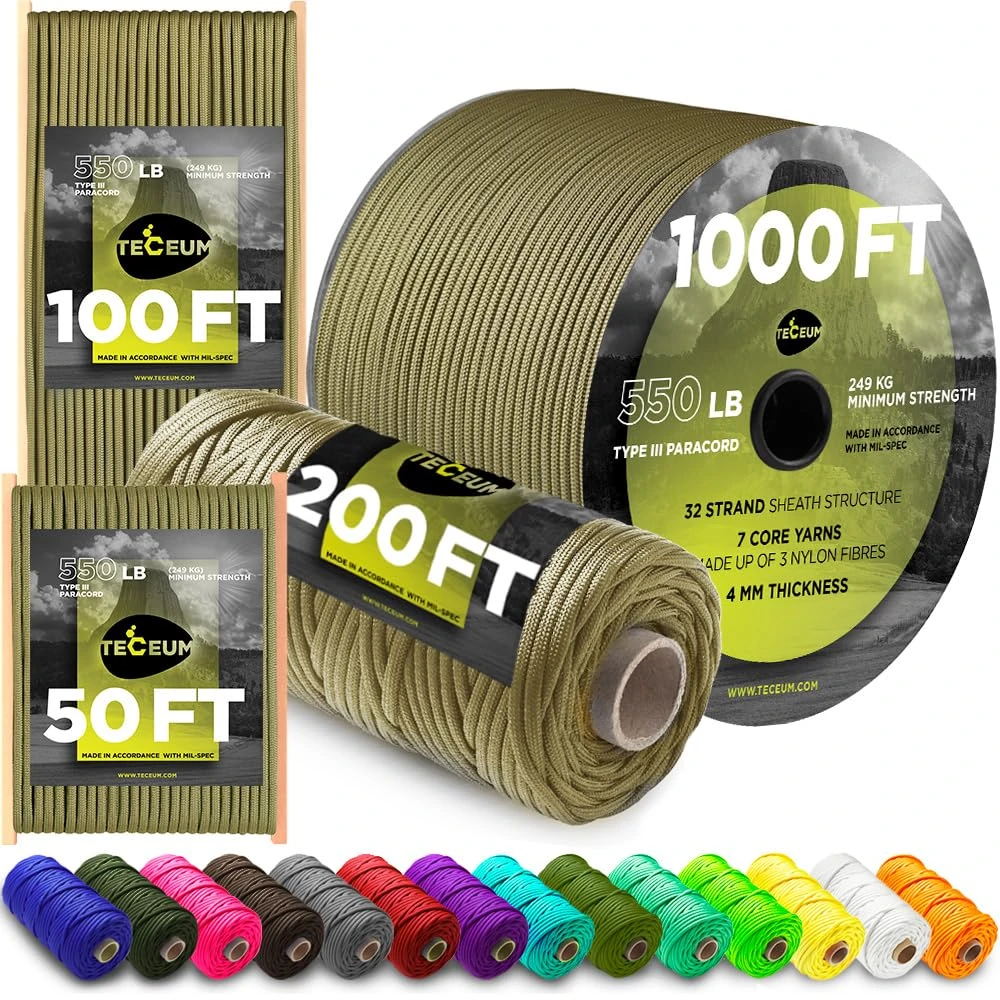 TECEUM Paracord Type III 550 Coyote Brown – 30 m – 4mm – Tactical Rope MIL-SPEC – Outdoor Para Cord – Camping Hiking Fishing Gear and Equipment – EDC Parachute Cord – Strong Survival Rope (100ft) 012