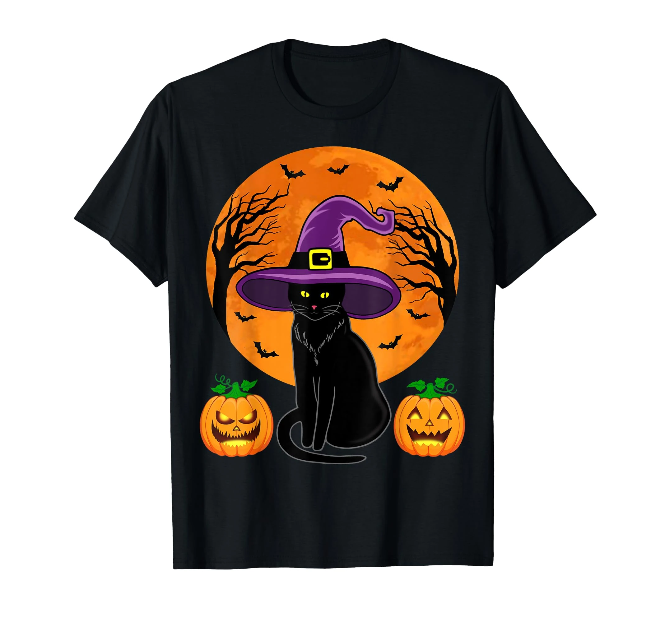 Cute Halloween Black Cat Witch Hat Pumpkin For Kids Girls T-Shirt