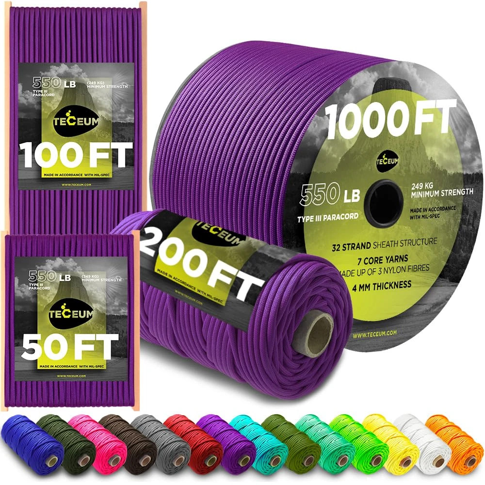 TECEUM Paracord Type III 550 Purple – 30 m – 4mm – Tactical Rope MIL-SPEC – Outdoor Para Cord – Camping Hiking Fishing Gear and Equipment – EDC Parachute Cord – Strong Survival Rope (100ft) 026