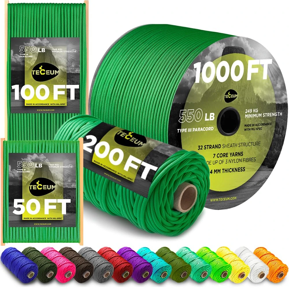 TECEUM Paracord Type III 550 Green – 15 m – 4mm – Tactical Rope MIL-SPEC – Outdoor Para Cord – Camping Hiking Fishing Gear and Equipment – EDC Parachute Cord – Strong Survival Rope (50ft) 025