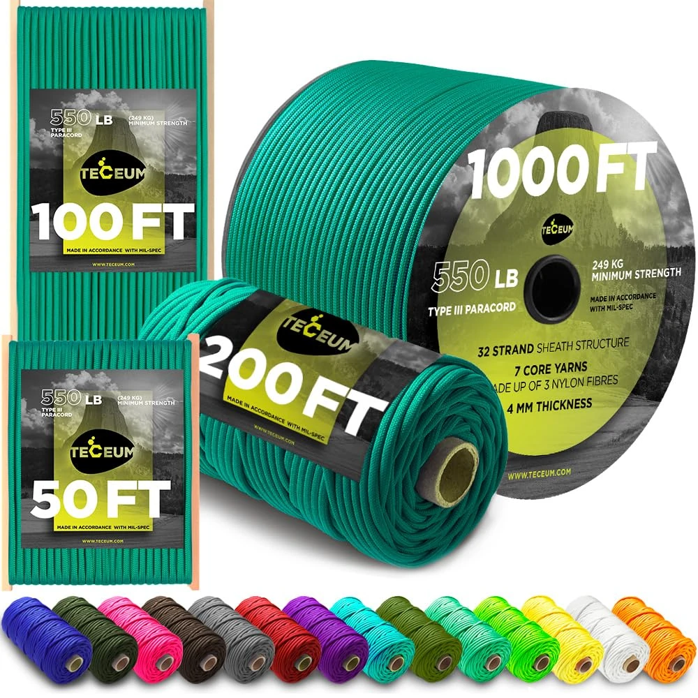TECEUM Paracord Type III 550 Emerald Green – 30 m – 4mm – Tactical Rope MIL-SPEC – Outdoor Para Cord – Camping Hiking Fishing Gear and Equipment – EDC Parachute Cord – Strong Survival Rope (100ft) 086