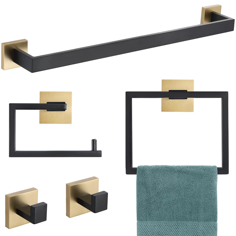 YACVCL 5-Piece Bathroom Hardware Accessories Set 23.6 inch Black and Brushed Gold Towel Bar Towel Rack Sets Modern Towel Ring Kit Stainless Steel Wall Mounted