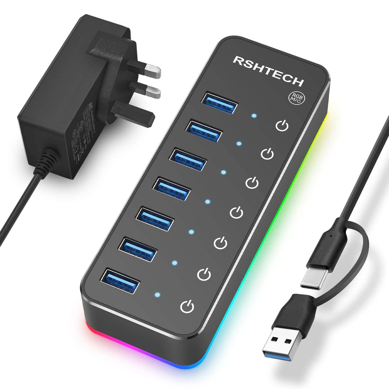 "RSHTECH RGB Powered USB Hub, 7-Port USB 3.0 Hub USB-C Splitter with 14 RGB Lighting Modes, 3.3ft USB C/A Cable, 20W Power Adapter and Individual On/Off Switches (RSH-518R)"