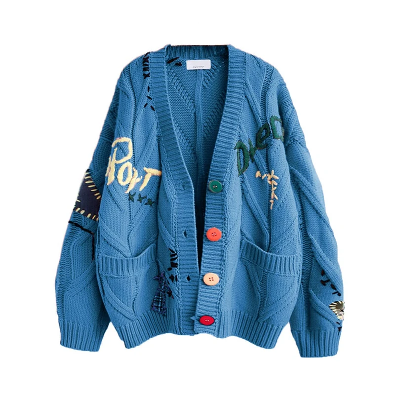 Women's Cable Knit Long Sleeve Open Front Cardigan Sheep V-Neck Button Down Embroidery Wool Blend Sweater Coat Outwear, RoyalBlue, XL