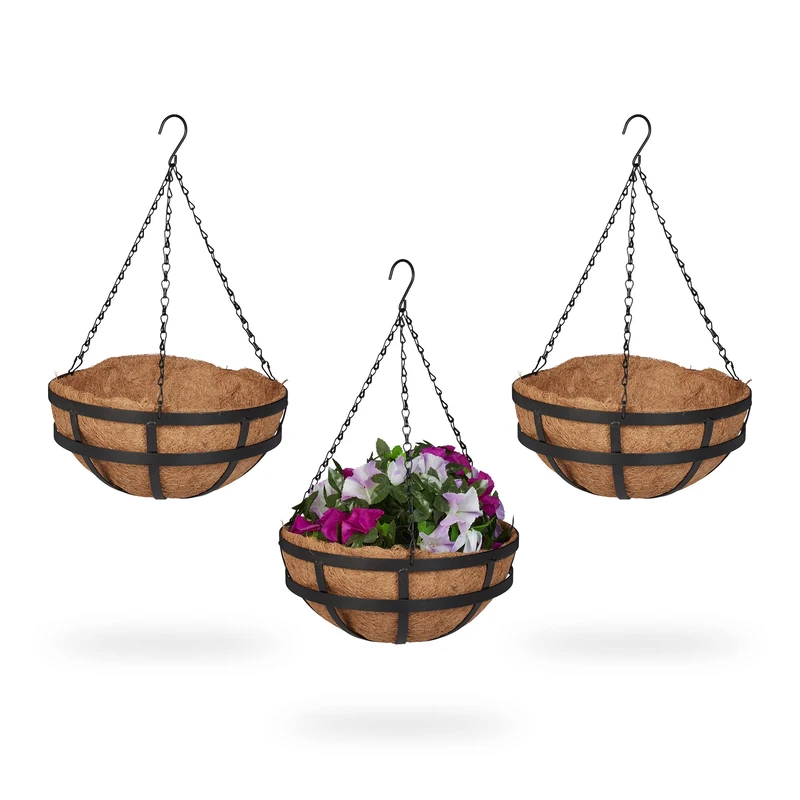 Relaxdays Hanging Basket, Set of 3, Hook, Coconut Fibre Liner, H x D: 50 x 31 cm, Metal, Brown/Black, Iron