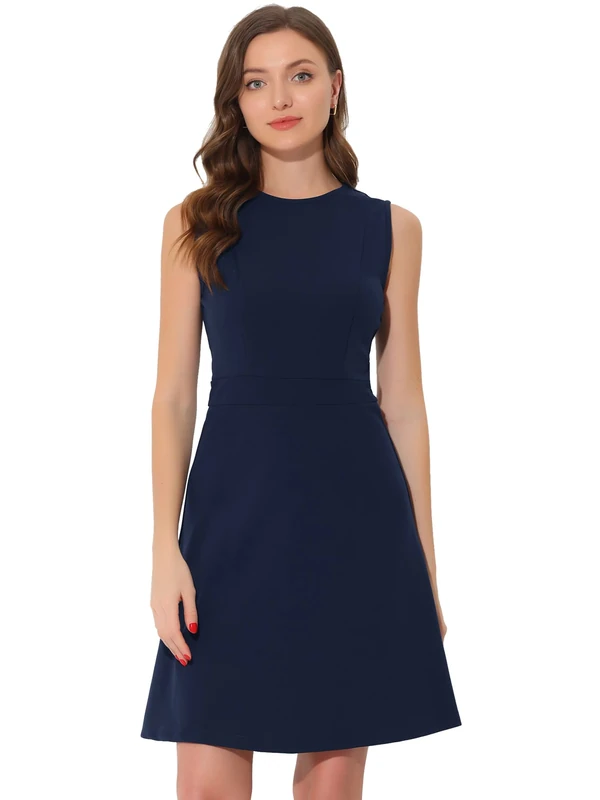 Allegra K Women's Work Dress Solid Color Sleeveless A-line Flare Dresses, Dark Blue, M - Image 1
