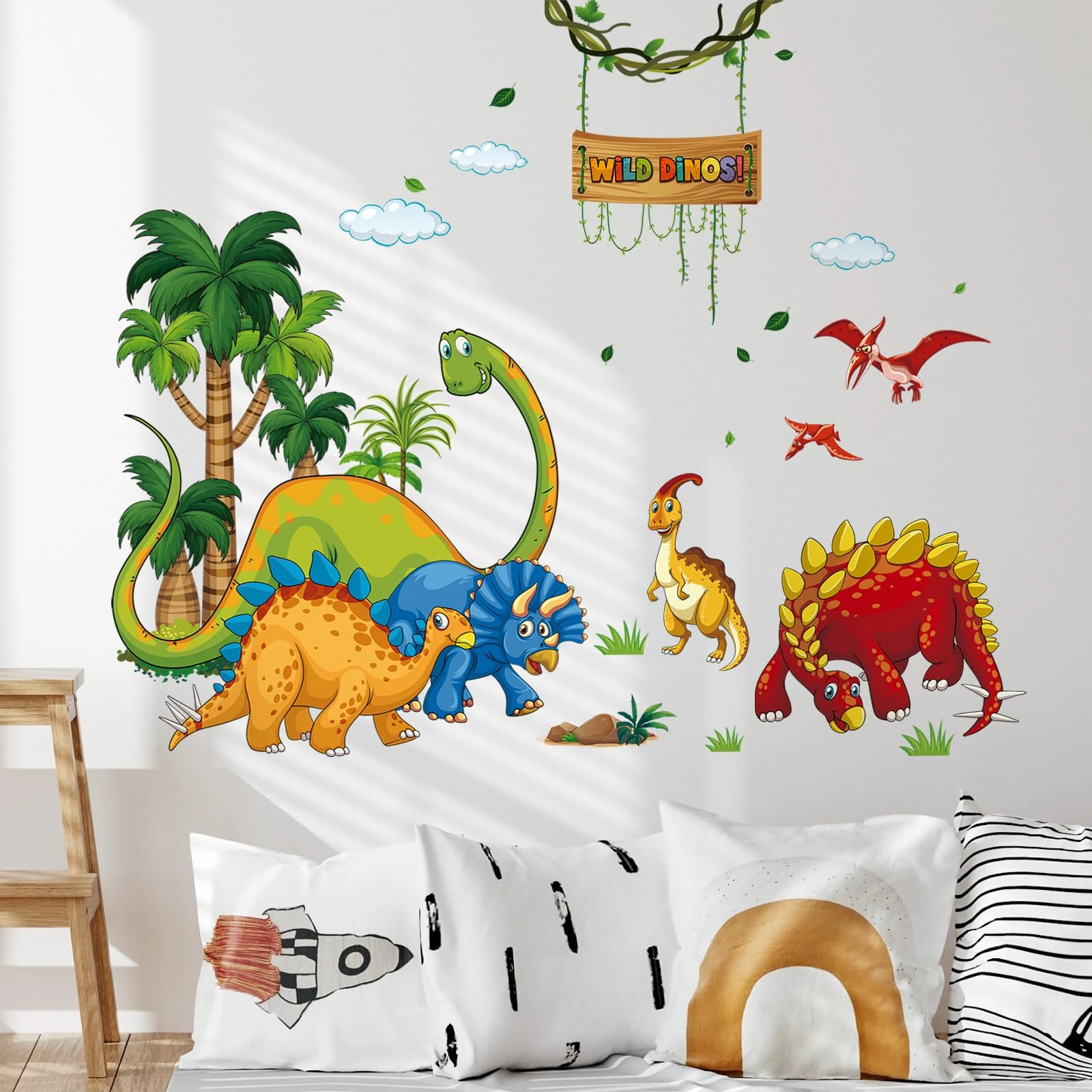 Tanlaby Dinosaur Wall Stickers Cartoon Dino Wall Decal Wild Tree Dino Wall Art Sticker for Boy's Room Kids Baby Nursery Bedroom Playroom Living Room Wall Decor