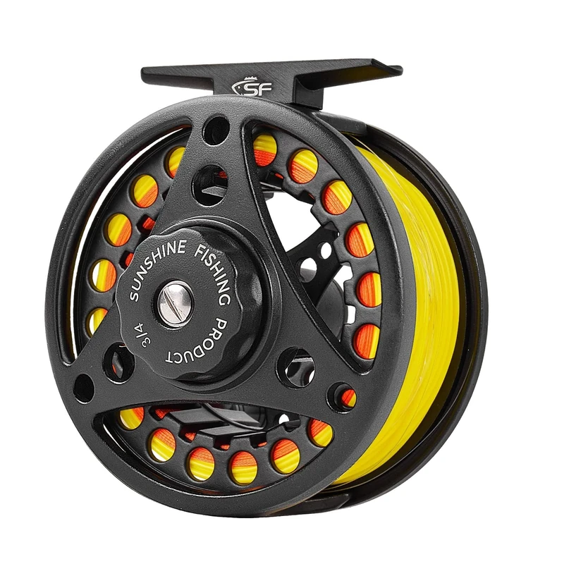 SF Large Arbor Fly Reel Combo 3/4wt - Lightweight Aluminum Alloy Body, Matte Black Finish with Pre-Loaded Fluorescent Yellow Line Combo for Quick Setup and Easy Handling.