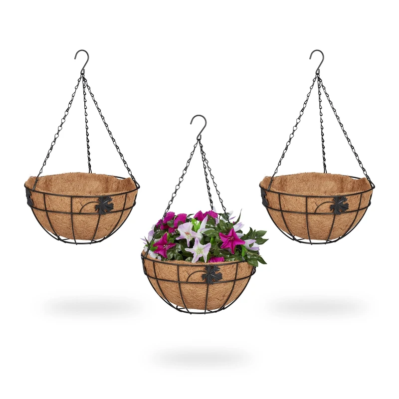 Relaxdays Hanging Basket, Set of 3, Hook, Coconut Fibre Liner, H x D: 48 x 31 cm, Metal, Brown/Black, Iron