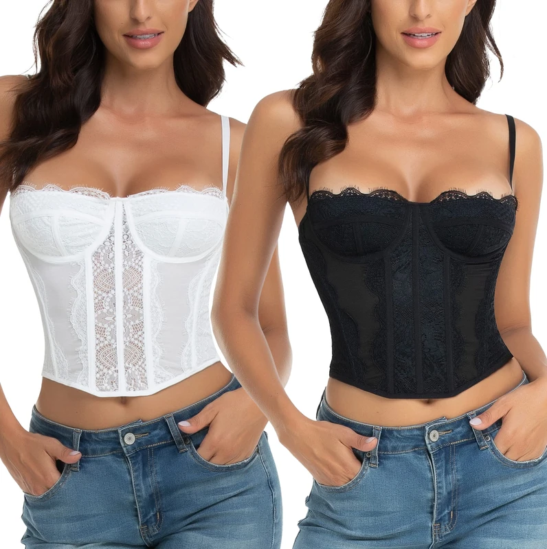 Raxnode Lace Bustier Corset Tops for Women - Sexy Going Out Party Club Top with Buckle, 2p - Black & White, Large - Image 1
