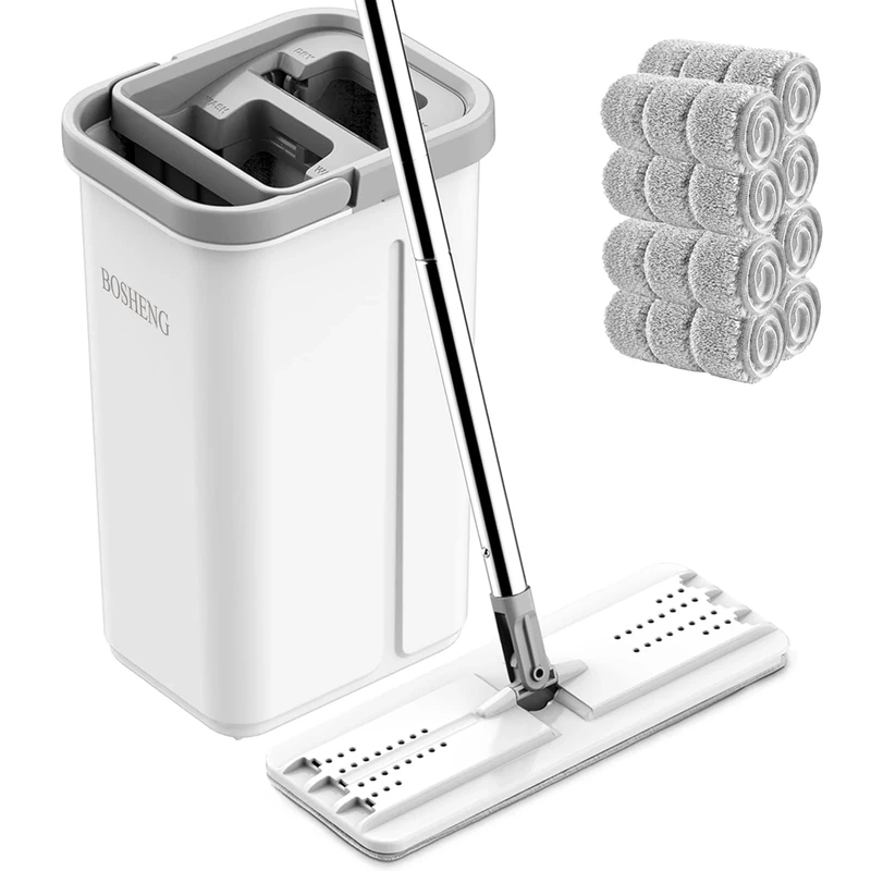 BOSHENG Mop and Bucket with Wringer Set, Hands Free Flat Floor Mop and Bucket, 8 Washable Microfiber Pads Included, Wet and Dry Use, Home Floor Cleaning System for All Floor Types and Windows