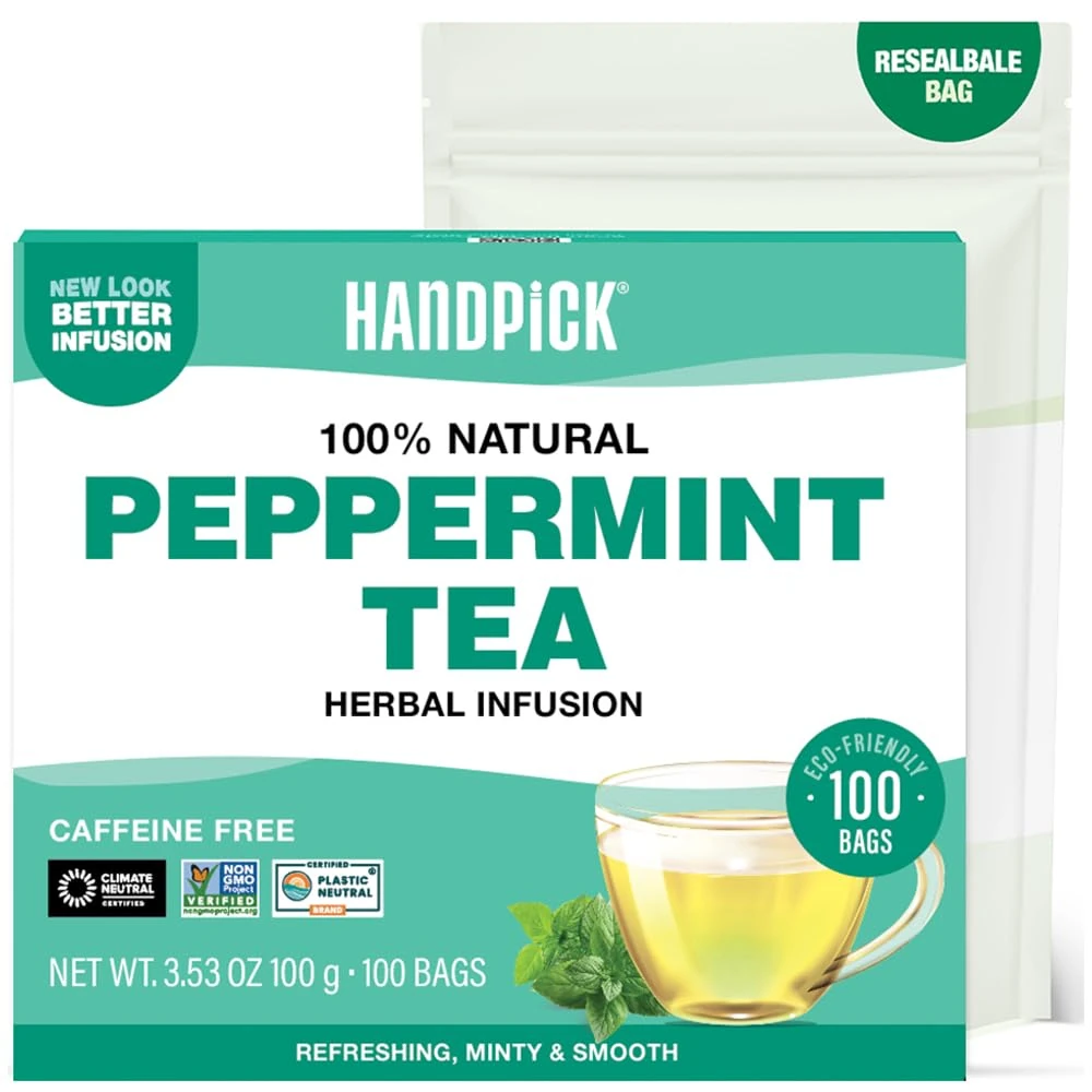 HANDPICK, Peppermint Tea Bags (100 Count) Non-GMO, 100% Pure Peppermint Herbal Tea Bags - Minty, Fresh & Cool flavor | Premium Round Eco-conscious Tea Bags