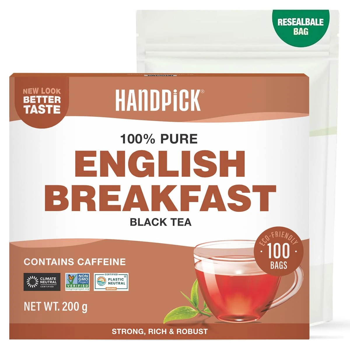 HANDPICK, English Breakfast Black Tea Bags (100 Count) Strong, Robust | Eco-conscious Tea Bags, Brew English Breakfast Tea & Kombucha Tea