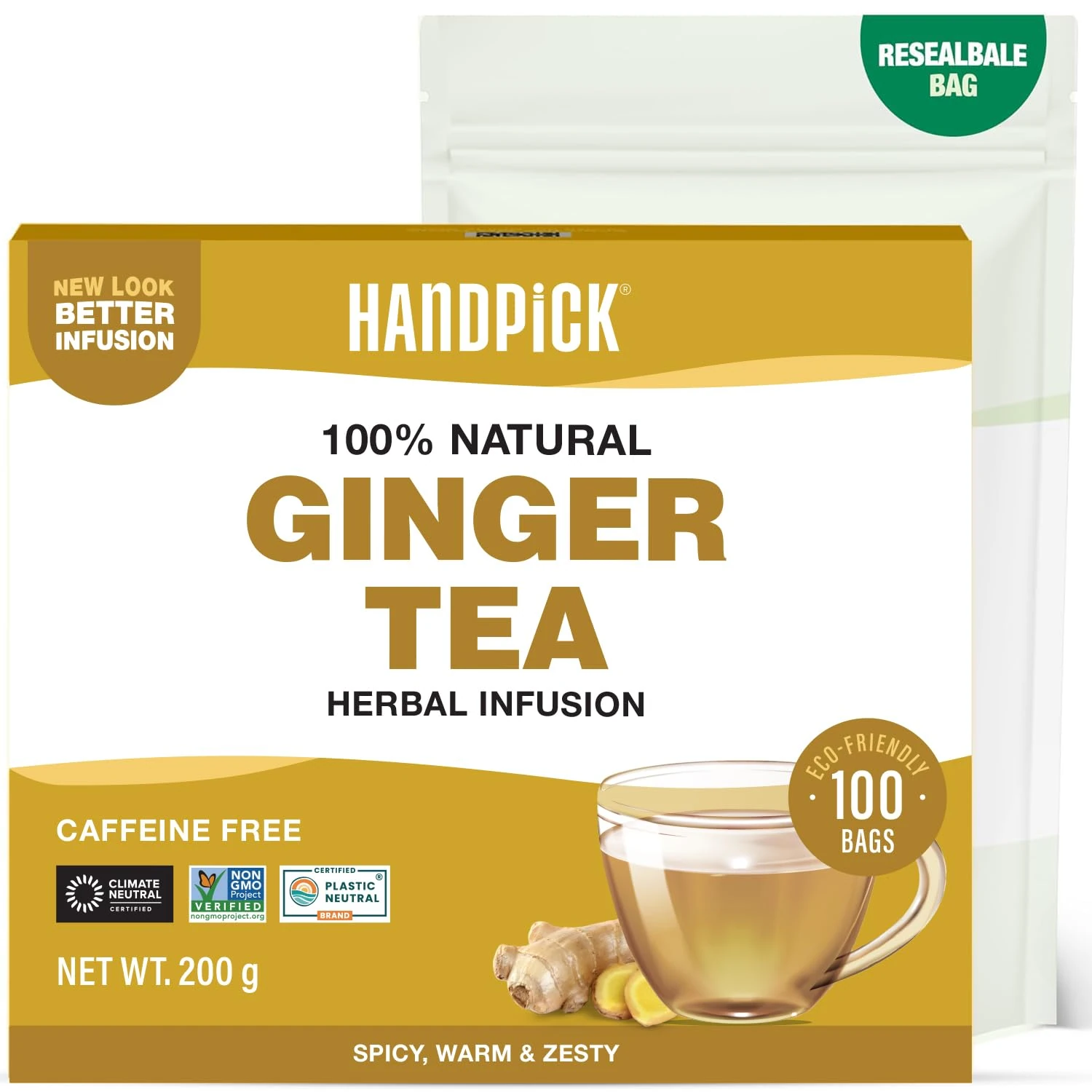HANDPICK, Ginger Tea Bags (100 Count) Non-GMO,Pure Ingredients - Soothing & Spicy Blend | Round Eco-conscious Tea Bags | Herbal Teabags