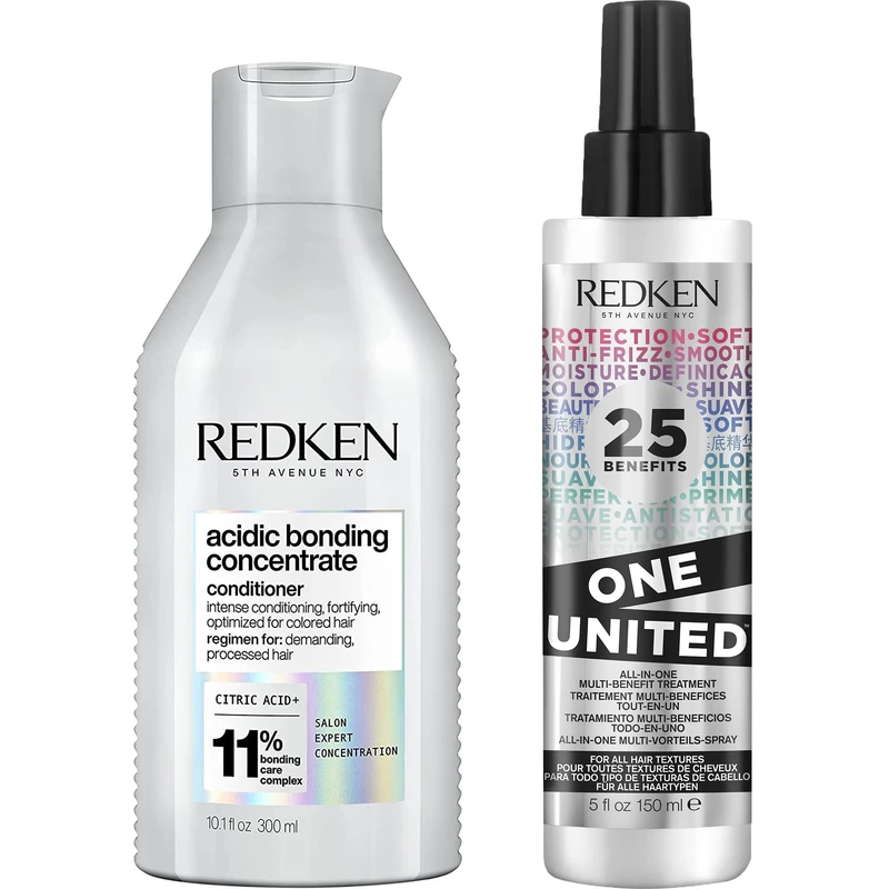 REDKEN Acidic Bonding Concentrate, Conditioner 300 ml & One United 25 Multi-Benefits Leave In Conditioner and Treatment Spray 150 ml Duo Set, For Dry, Damaged & Colour-Treated Hair