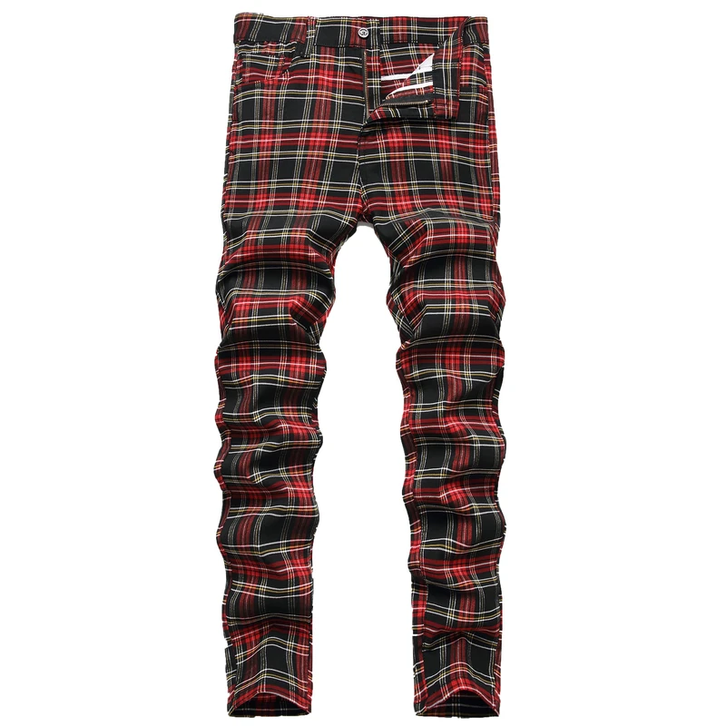 NOVOCCT Plaid Panst for Men - Skinny Mens Dress Pants - Stretch Slim Fit Business Casual Dress Chinos Pants for Men, Black Red Plaid - T5, 36 - Image 1