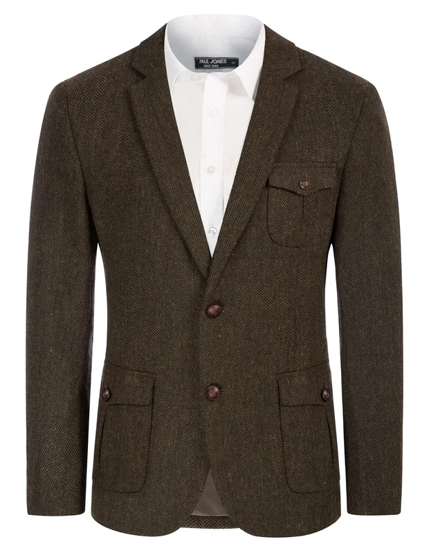 PJ PAUL JONES Men Vintage Herringbone Tweed Blazer Jacket British Wool Blend Coat with Pocket, Brown-Update, XX-Large