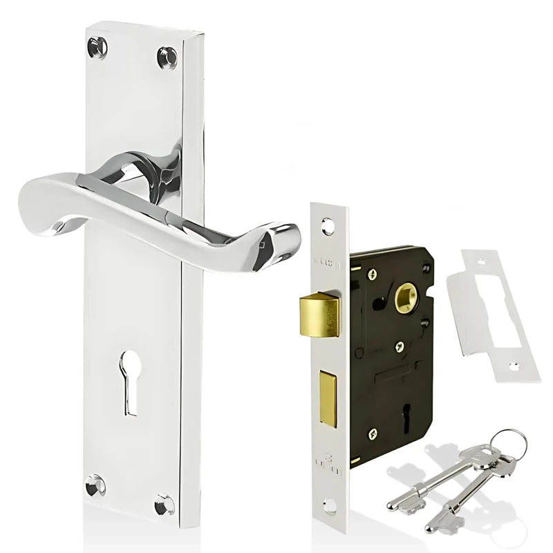 HANDLESTORE Victorian Scroll Locking Lever Door Handle on Backplate – Polished Chrome Interior Handles with 2.5" Mortice Sash Lock & Screws (Pair)