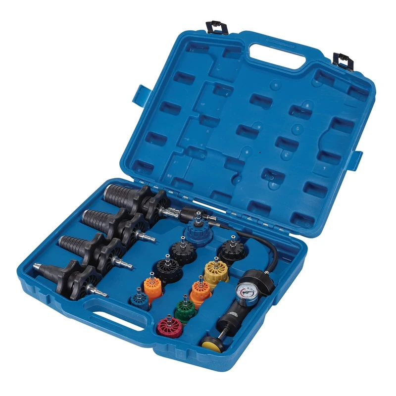 Draper 21439 Universal Pressure Test Kit (15 Piece), Cooling System for Petrol Engines, Blue and Black