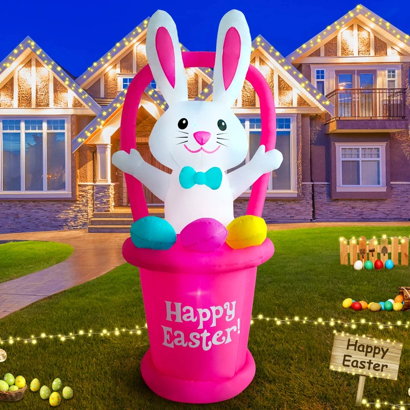 SHDEJTG 7 Ft Easter Inflatable Yard Decorations, Blow up Easter Bunny with Basket Light up Outdoor Decor for Holiday Party Indoor Outdoor Garden Lawn - Image 1