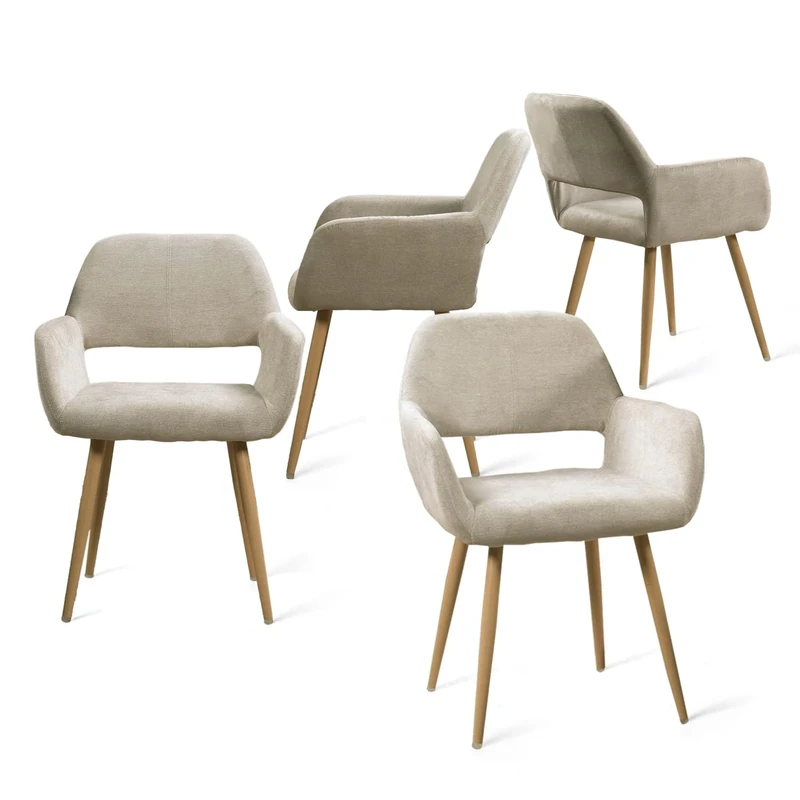 MEUBLE COSY Dining Chairs Set of 4 with Arms Fabric Upholstered Seat Backrest Armchair for Dressing Table Desk Lounge Living Room Kitchen Bedroom Home Office, Metal Legs, Beige