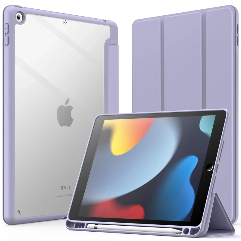 JETech Case for iPad 10.2-Inch (9th/8th/7th Generation, 2021/2020/2019) with Pencil Holder, Clear Transparent Back Shell Slim Stand Shockproof Tablet Cover, Auto Wake/Sleep (Lilac)