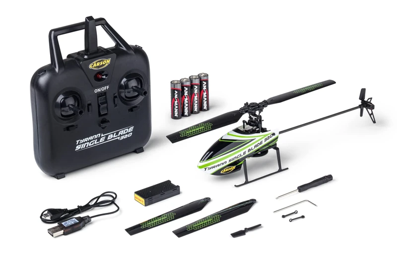 Carson 500507171 Remote Controlled Helicopter Tyrant Single Blade 320 2.4 GHz RC Aeroplane from 16 Years, 100% RTF Complete Set, with Altitude Control and Start & Landing Function, Green