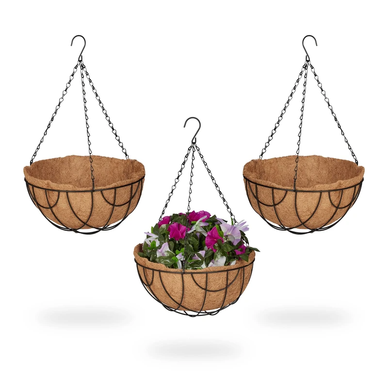 Relaxdays Hanging Basket Set of 3 - Metal with Coconut Liner