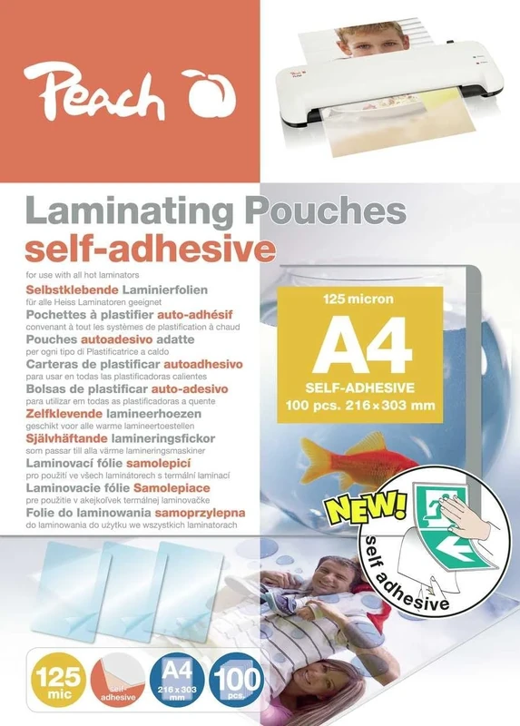Peach Laminating Pouches A4-125 mic - 100 Pouches - self-Adhesive Backing - Suitable for Selfmade Pictures or Signs etc. - Compatible with laminators of All Brand Manufacturers - S-PP525-17