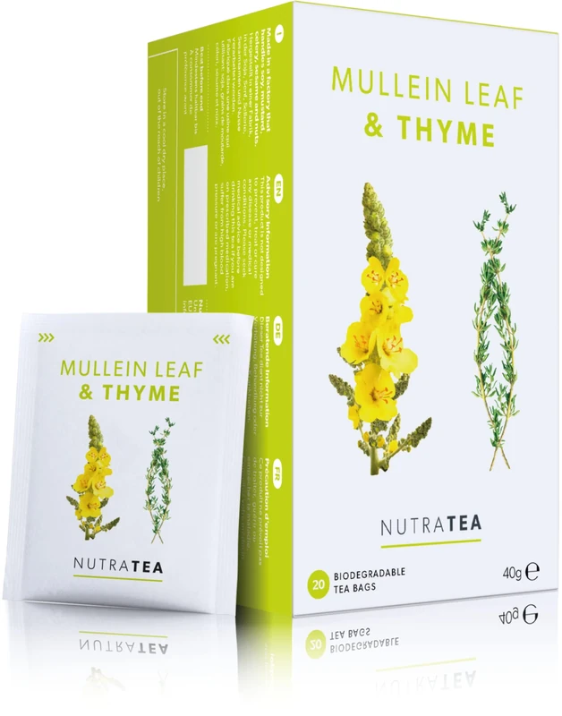 Nutra Tea Mullein Leaf & Thyme - Mullein Tea For Lungs & Throat - 80% Mullein Leaf, 20% Thyme - 20 Individual Wrapped Bags - Herbal Infusion (1 Pack)