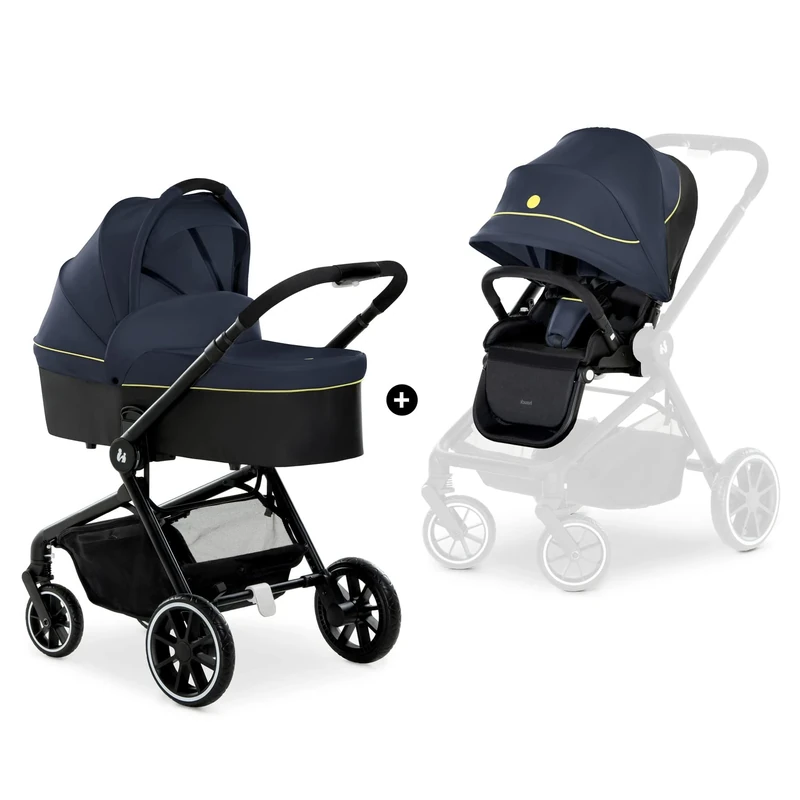 hauck Move so Simply Set, Dark Navy Neon - 2 in 1 Pram & Pushchair with Raincover from Birth up to 22 kg inclusive Frame, Carrycot & Toddler Seat, Compact & Foldable, UPF 50+, Fully Reclining